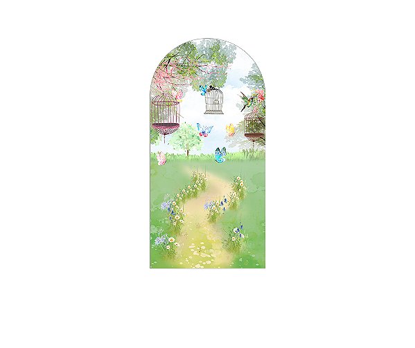 Painel De Festa Romano 1,00x2,00- Jardim Aquarela Gaiolas e Borboletas 013