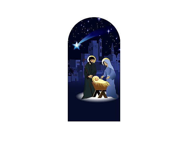 Painel De Festa Romano 1,00x2,00- Natal Sagrada Familia Azul 002