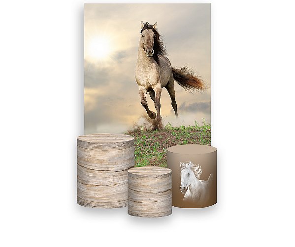 Painel De Festa Vertical 1,50 x 2,20 + Trio De Capas Cilindro - Cavalo Tons de Bege 052