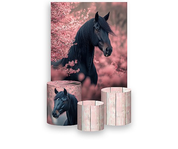 Painel De Festa Vertical 1,50 x 2,20 + Trio De Capas Cilindro - Cavalo Árvores Cerejeira 053