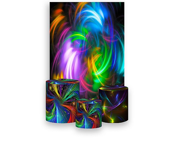 Painel De Festa Vertical 1,50 x 2,20 + Trio De Capas Cilindro - Espiral Colorida Efeito Neon 024