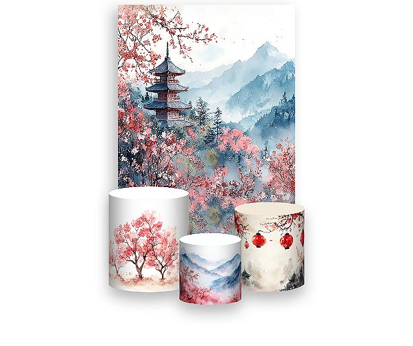 Painel De Festa Vertical 1,50 x 2,20 + Trio De Capas Cilindro - Paisagem Japão Aquarela 015