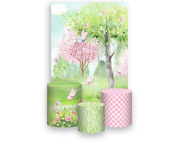 Painel De Festa Vertical 1,50 x 2,20 + Trio De Capas Cilindro - Floresta com Borboletas 068