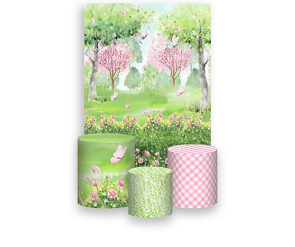 Painel De Festa Vertical 1,50 x 2,20 + Trio De Capas Cilindro - Jardim Aquarela com Borboletas 071