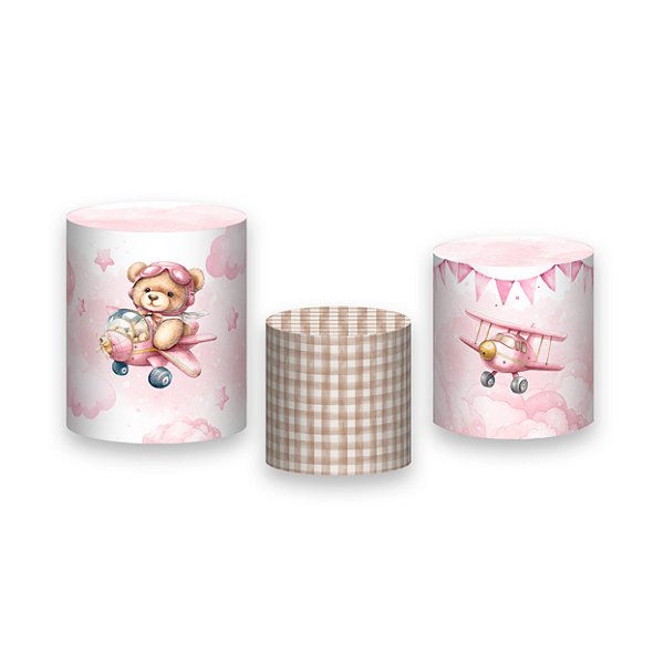 Trio De Capas De Cilindro - Ursinha Aviadora Aquarela Rosa Nuvem Estrelas 084