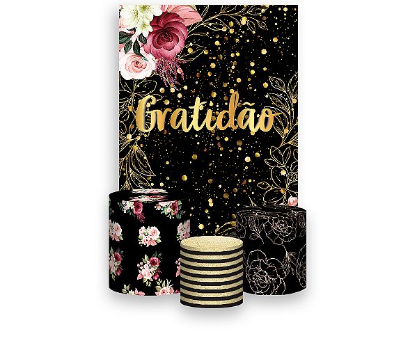 Painel De Festa Vertical 1,50 x 2,20 + Trio De Capas Cilindro - Gratidão Floral Efeito Brilhos 240