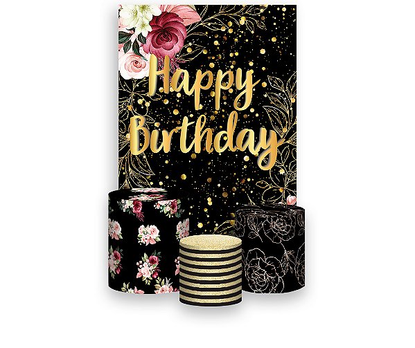 Painel De Festa Vertical 1,50 x 2,20 + Trio De Capas Cilindro - Happy Birthday Floral Efeito Brilhos 241