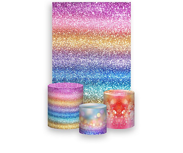 Painel De Festa Vertical 1,50 x 2,20 + Trio De Capas Cilindro - Efeito Glitter Arco-íris 104