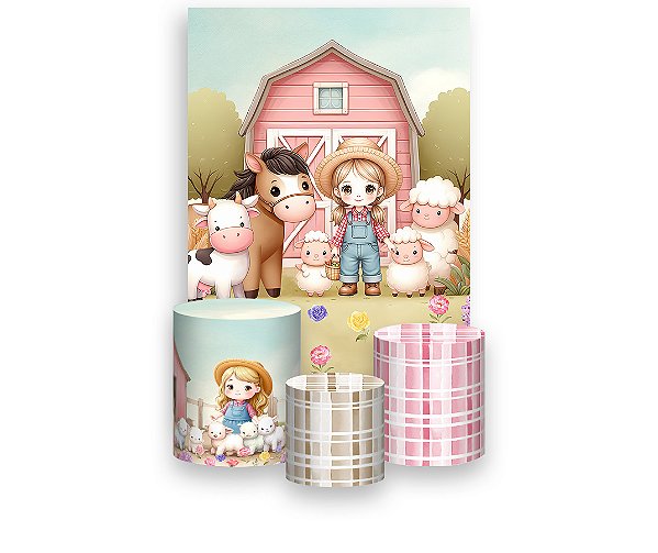 Painel De Festa Vertical 1,50 x 2,20 + Trio De Capas Cilindro - Fazendinha Menina Loira 055