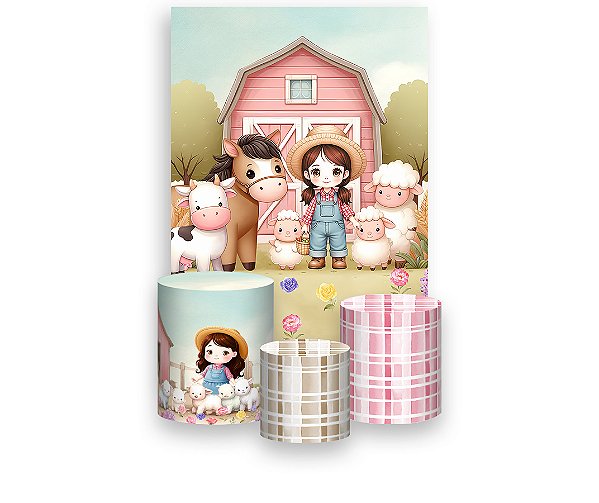 Painel De Festa Vertical 1,50 x 2,20 + Trio De Capas Cilindro - Fazendinha Menina Morena 056
