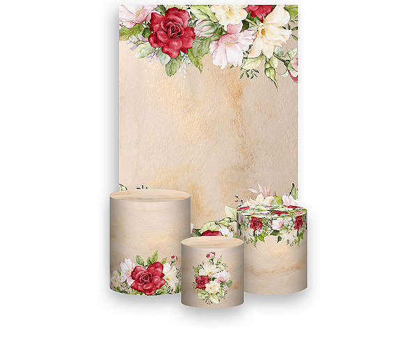 Painel De Festa Vertical 1,50 x 2,20 + Trio De Capas Cilindro - Flores Vermelhas Fundo Bege 130