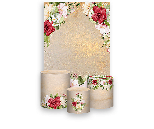 Painel De Festa Vertical 1,50 x 2,20 + Trio De Capas Cilindro - Floral Vermelho e Rosa Fundo Bege 131
