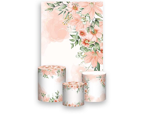 Painel De Festa Vertical 1,50 x 2,20 + Trio De Capas Cilindro - Flores Tom Salmão 132