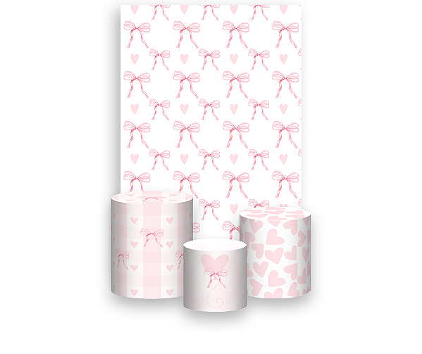 Painel De Festa Vertical 1,50 x 2,20 + Trio De Capas Cilindro - Laços e Corações Rosa 077