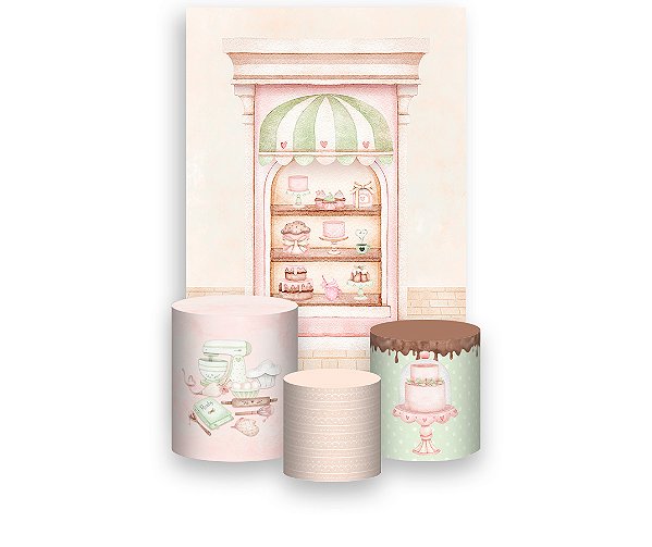 Painel De Festa Vertical 1,50 x 2,20 + Trio De Capas Cilindro - Confeitaria Rosa e Bege 024