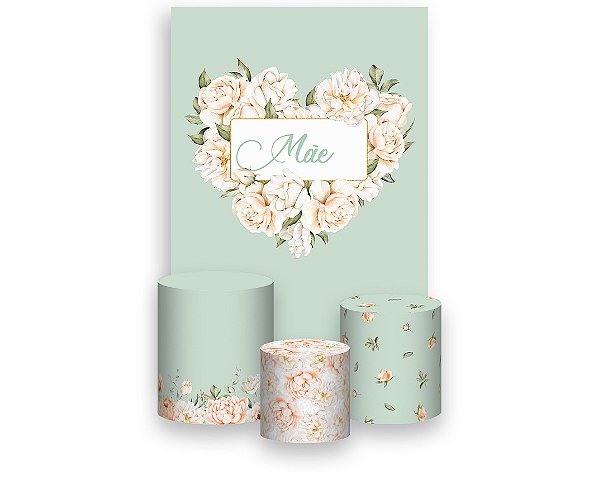 Painel De Festa Vertical 1,50 x 2,20 + Trio De Capas Cilindro - Dia das Mães Floral Verde Suave 107