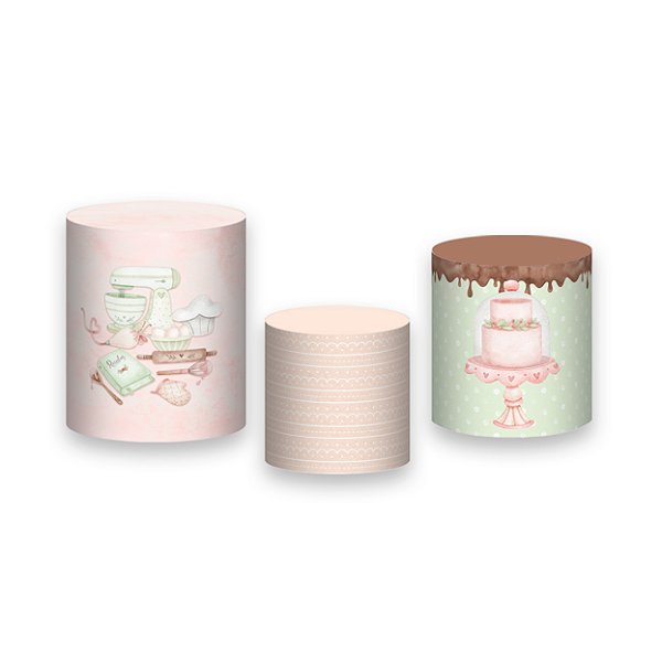 Trio De Capas De Cilindro - Confeitaria Aquarela Rosa e Bege 026