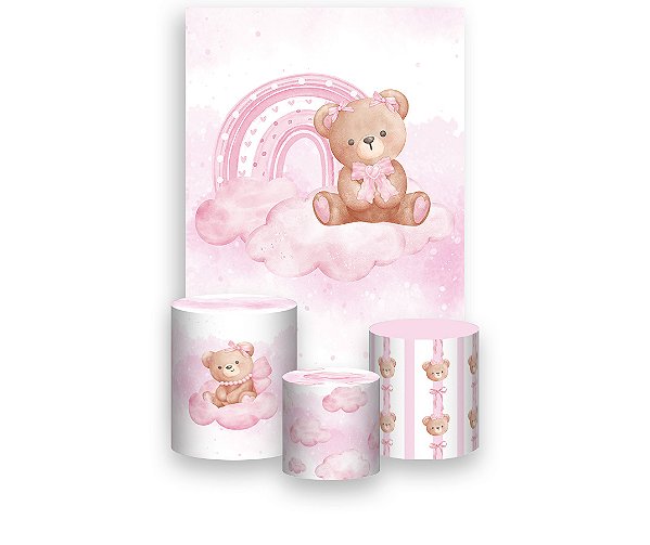 Painel De Festa Vertical 1,50 x 2,20 + Trio De Capas Cilindro - Ursinha Arco-íris Rosa 113
