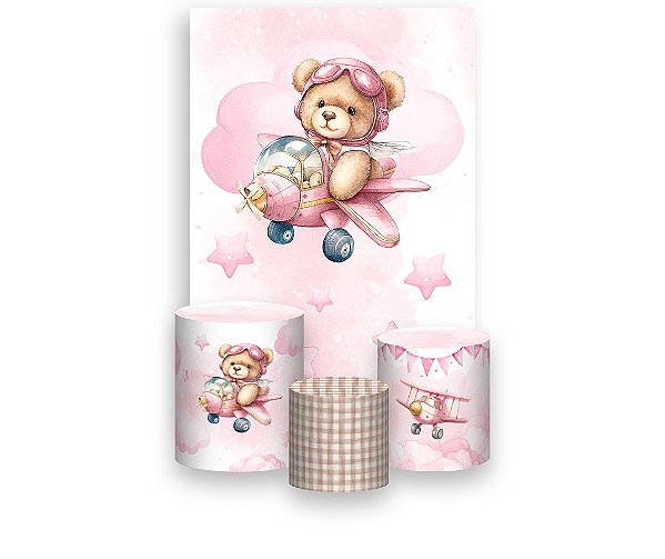Painel De Festa Vertical 1,50 x 2,20 + Trio De Capas Cilindro - Ursinha Aviadora Nuvens Rosas 114