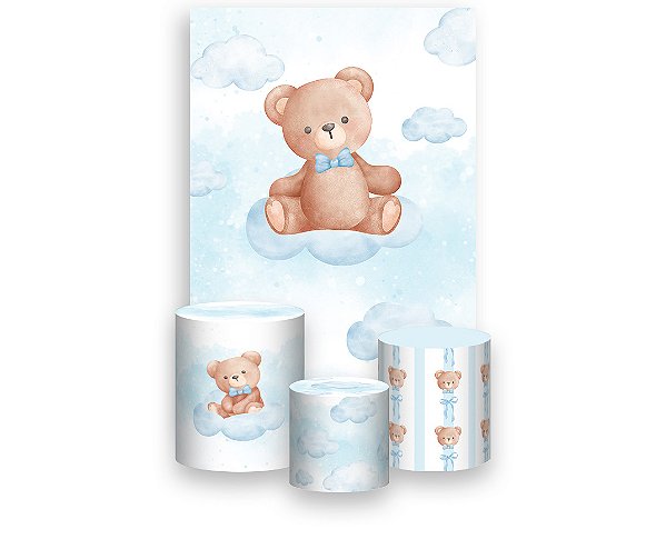 Painel De Festa Vertical 1,50 x 2,20 + Trio De Capas Cilindro - Ursinho Céu Azul 116