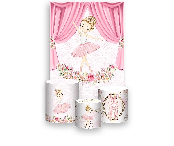 Painel De Festa Vertical 1,50 x 2,20 + Trio De Capas Cilindro - Bailarina Loira Cortina Rosa 039