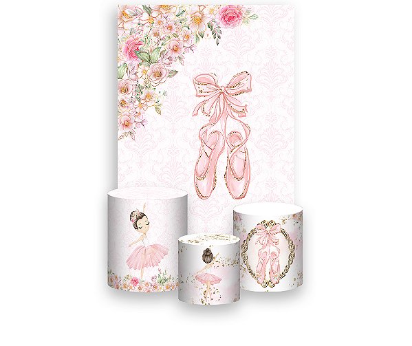 Painel De Festa Vertical 1,50 x 2,20 + Trio De Capas Cilindro - Sapatilha de Balé Floral 040