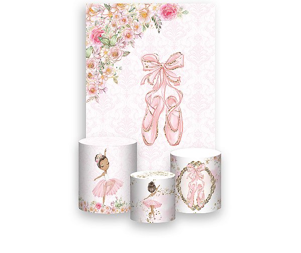 Painel De Festa Vertical 1,50 x 2,20 + Trio De Capas Cilindro - Sapatilha de Bailarina Floral 042