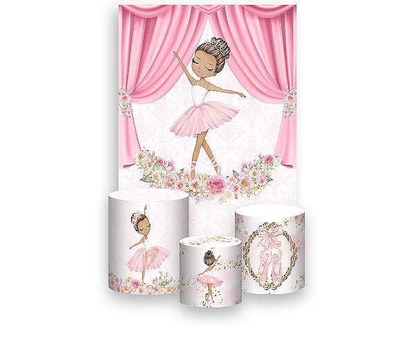 Painel De Festa Vertical 1,50 x 2,20 + Trio De Capas Cilindro - Bailarina Cortina e Flores 043