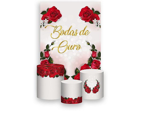 Painel De Festa Vertical 1,50 x 2,20 + Trio De Capas Cilindro - Bodas de Ouro Rosas Vermelhas 045