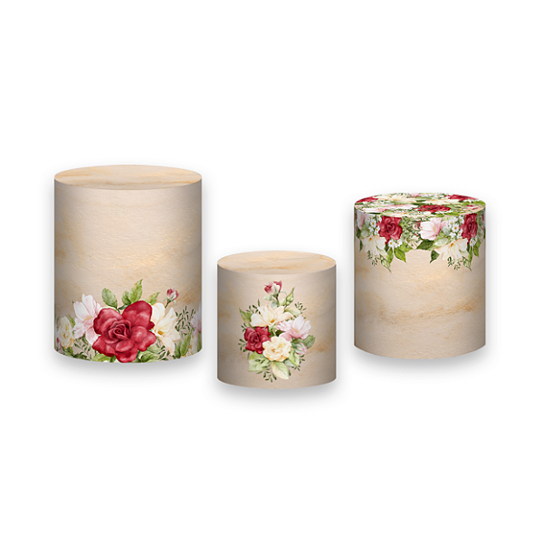 Trio De Capas De Cilindro - Floral Rosa, Vermelho e Bege Aquarela 098