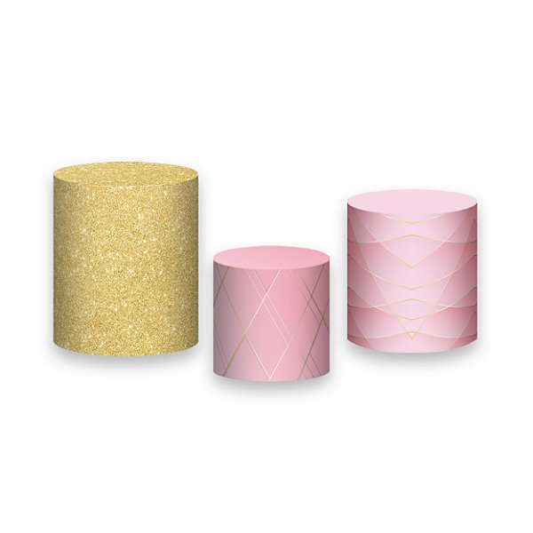 Trio De Capas De Cilindro - Geométrico Rosa com Linhas Douradas 031