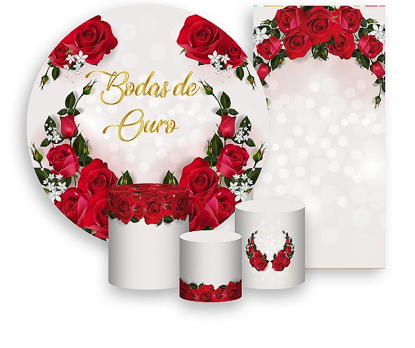 Painel De Festa + Trio De Capas Cilindro + Faixa Veste Fácil - Bodas de Ouro Rosas Vermelhas 017