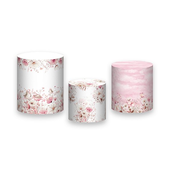 Trio De Capas De Cilindro - Jardim de Pássaros e Borboletas Rosa 049