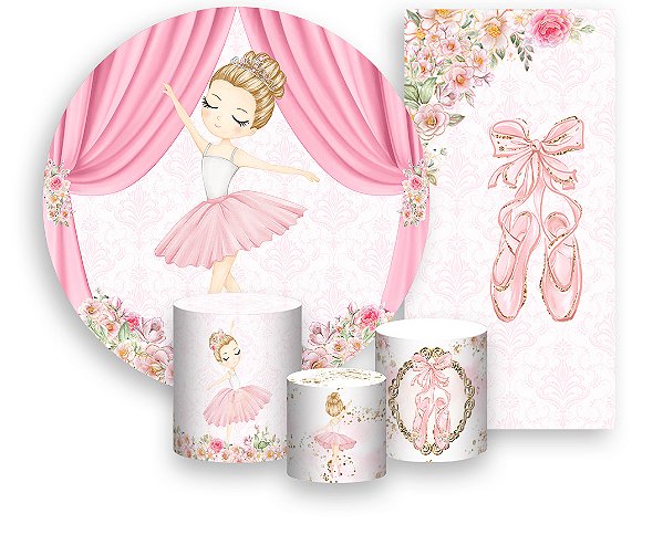 Painel De Festa + Trio De Capas Cilindro + Faixa Veste Fácil - Bailarina Loira e Flores 017