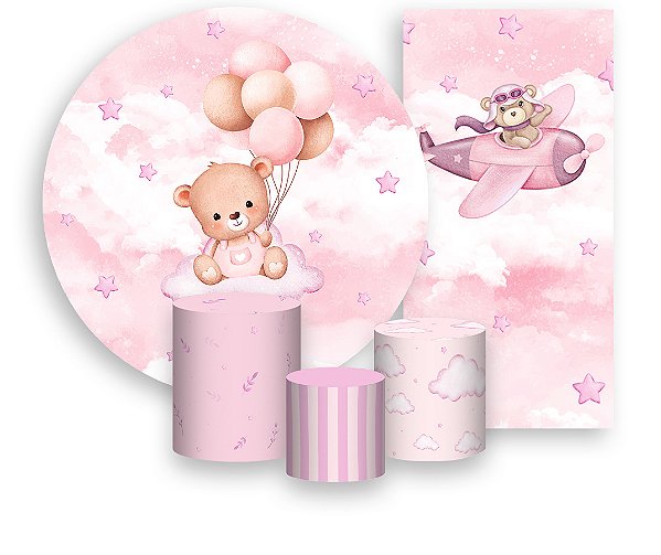 Painel De Festa + Trio De Capas Cilindro + Faixa Veste Fácil - Ursinho de Pelúcia Rosa 037