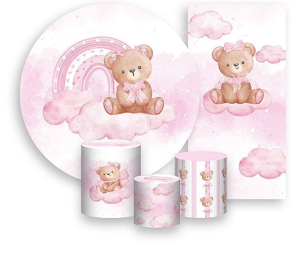 Painel De Festa + Trio De Capas Cilindro + Faixa Veste Fácil - Ursinho Arco-Íris Rosa 039