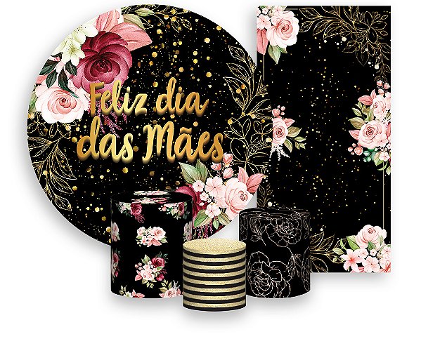 Painel De Festa + Trio De Capas Cilindro + Faixa Veste Fácil - Brilhos Dia das Mães 027