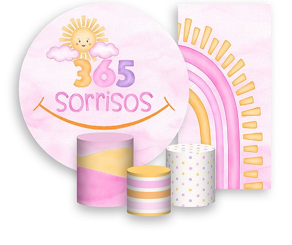 Painel De Festa + Trio De Capas Cilindro + Faixa Veste Fácil - 365 Sorrisos Rosa Aquarela 028