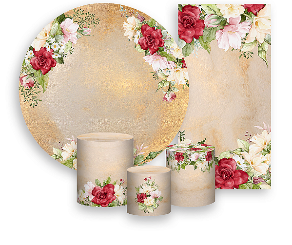 Painel De Festa + Trio De Capas Cilindro + Faixa Veste Fácil - Floral Tons Rosa, Vermelho e Bege 052
