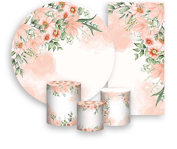 Painel De Festa + Trio De Capas Cilindro + Faixa Veste Fácil - Floral Tons Salmão 053