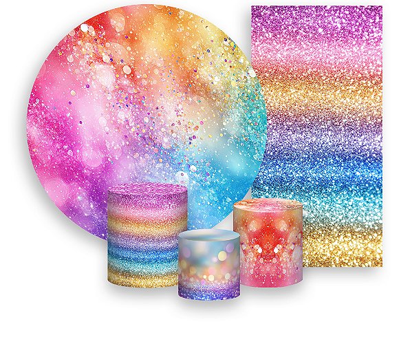 Painel De Festa + Trio De Capas Cilindro + Faixa Veste Fácil - Efeito Glitter Arco-Íris 047