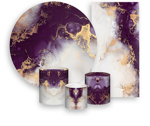 Painel De Festa + Trio De Capas Cilindro + Faixa Veste Fácil - Efeito Mármore Roxo com Dourado 048