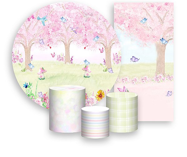 Painel De Festa + Trio De Capas Cilindro + Faixa Veste Fácil - Jardim  Borboletas e Passarinhos Rosa 032