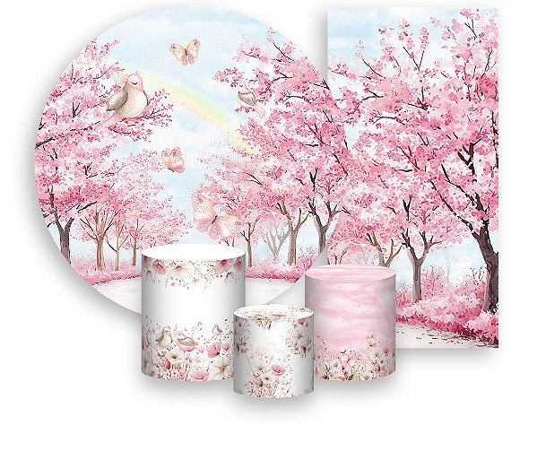 Painel De Festa + Trio De Capas Cilindro + Faixa Veste Fácil - Jardim de Pássaros e Borboletas Rosa 034