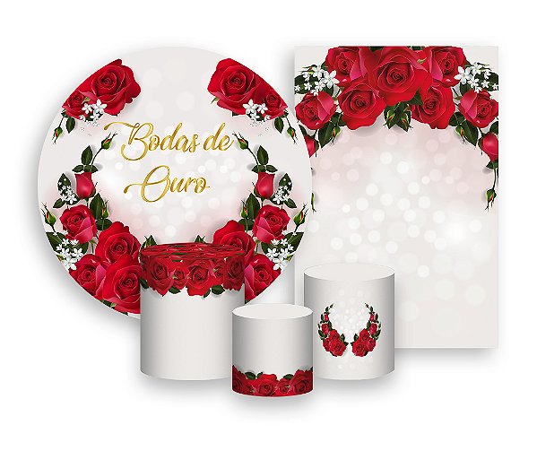 Kit 2 Painéis De Festa + Trio De Capas Cilindro - Bodas de Ouro Rosas Vermelhas 018