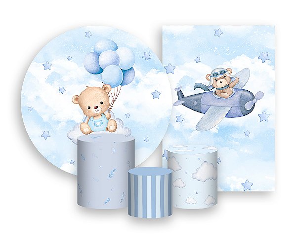 Kit 2 Painéis De Festa + Trio De Capas Cilindro - Ursinho de Pelúcia Azul 035