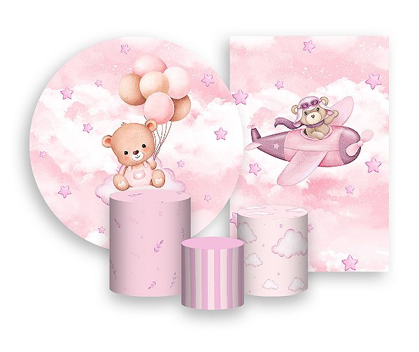 Kit 2 Painéis De Festa + Trio De Capas Cilindro - Ursinho de Pelúcia Rosa 037