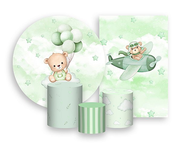 Kit 2 Painéis De Festa + Trio De Capas Cilindro - Ursinho de Pelúcia Verde 038