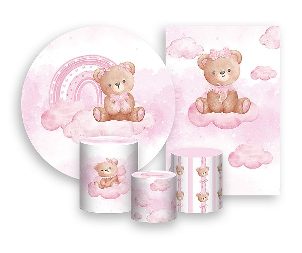 Kit 2 Painéis De Festa + Trio De Capas Cilindro - Ursinho com Laço no Arco-Íris Rosa 039