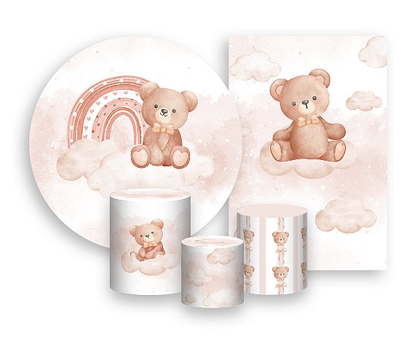 Kit 2 Painéis De Festa + Trio De Capas Cilindro - Ursinho com Laço no Arco-Íris Bege 041